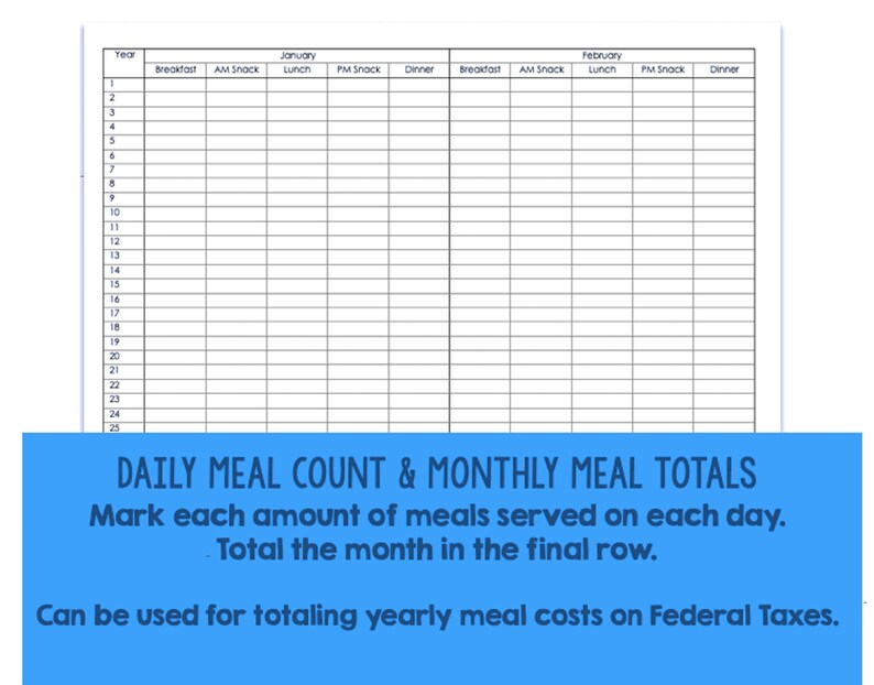 Daycare Yearly Meal Count Chart Federal Meal Reimbursement Etsy