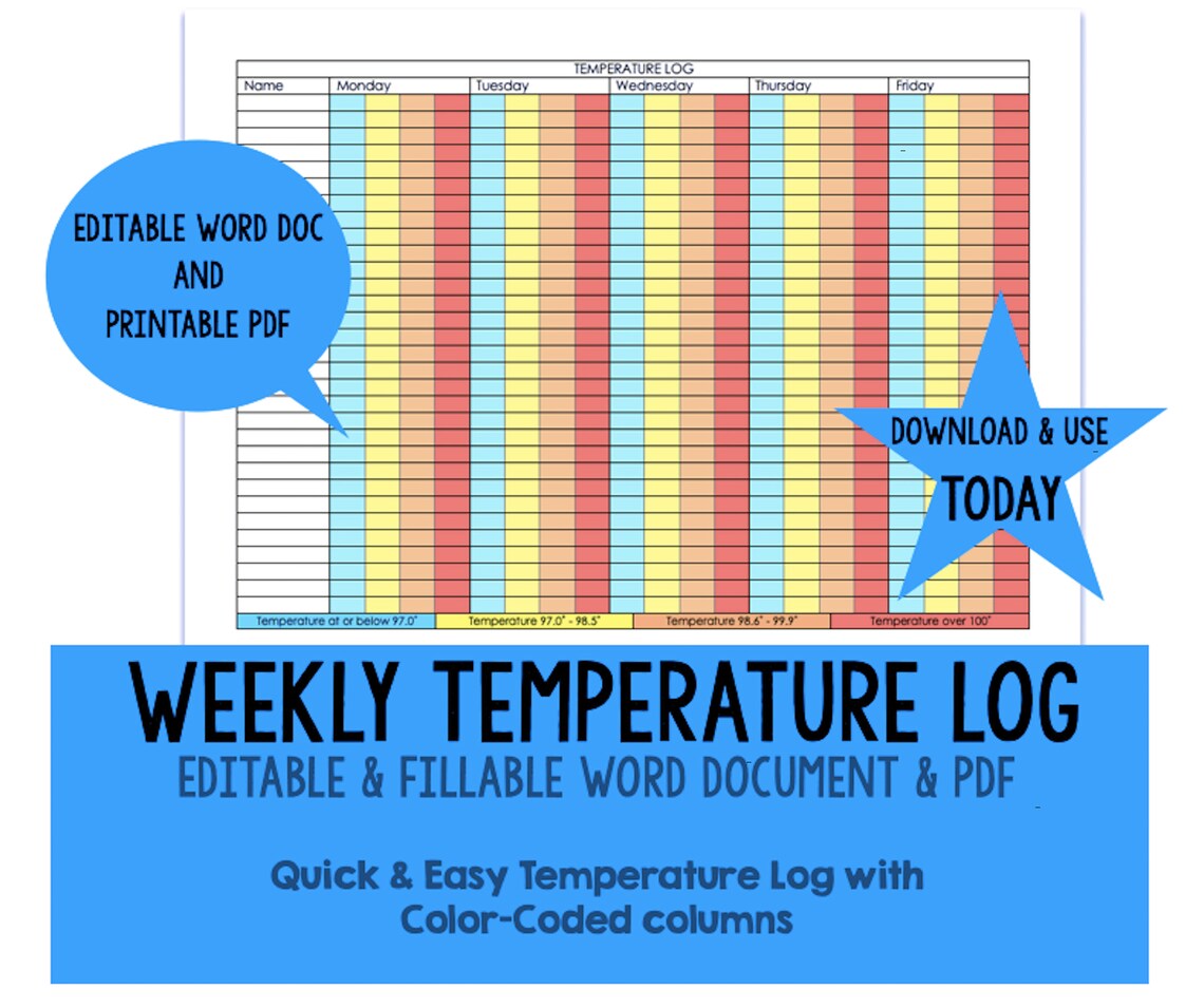 Weekly Temperature Log Childcare / Business Temperature Etsy