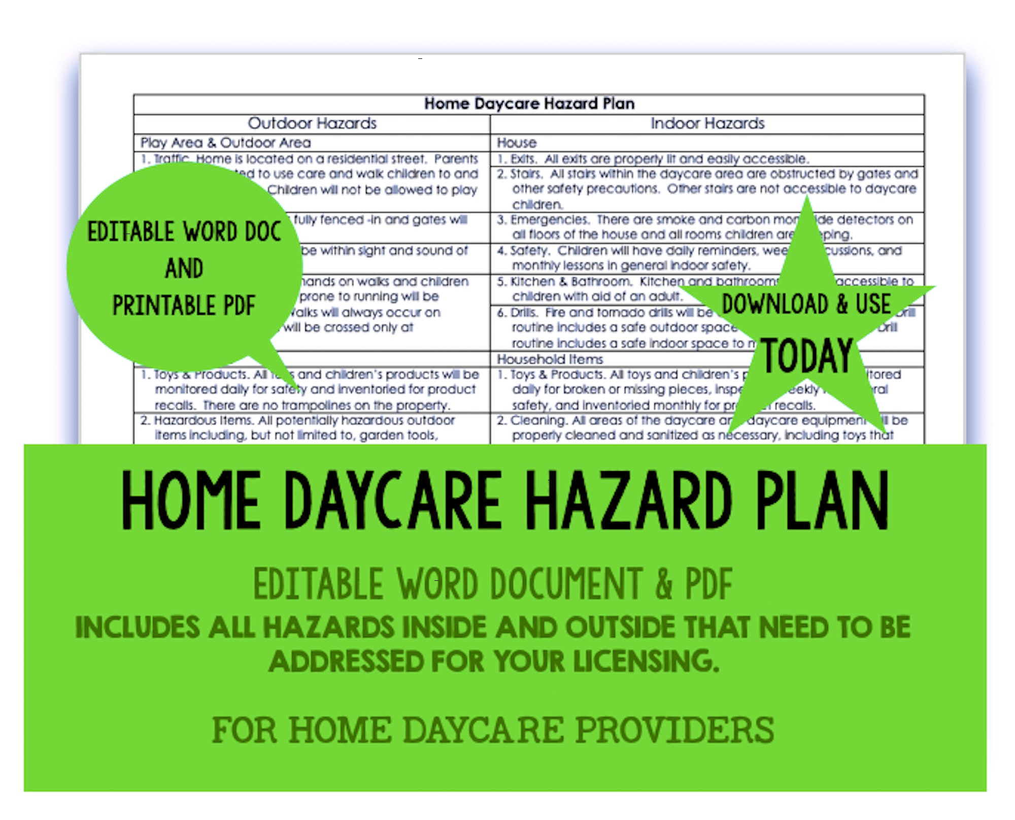 Home Daycare Hazard Protection Plan  Licensing Requirement  Downloadable  PDF and Editable Word Document  Childcare Illinois Within Home Daycare Tax Worksheet