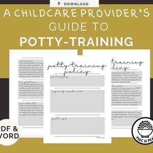 Könnte beinhalten: Ein Leitfaden für Kindertagesstätten zur Sauberkeitserziehung, ein PDF- und Word-Dokument. Der Leitfaden enthält den Titel „Sauberkeitstraining-Richtlinie“ mit Abschnitten für Philosophie, Anzeichen von Bereitschaft und Windelhosen. Das Dokument hat ein Gold- und Weiß-Farbschema.