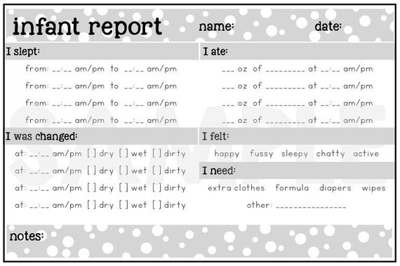 pix Daycare Infant Daily Sheets Printable Childcare Daily Report daily infant report daycare resource printable form polka dot etsy