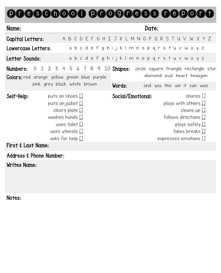 Preschool Progress Report | Etsy