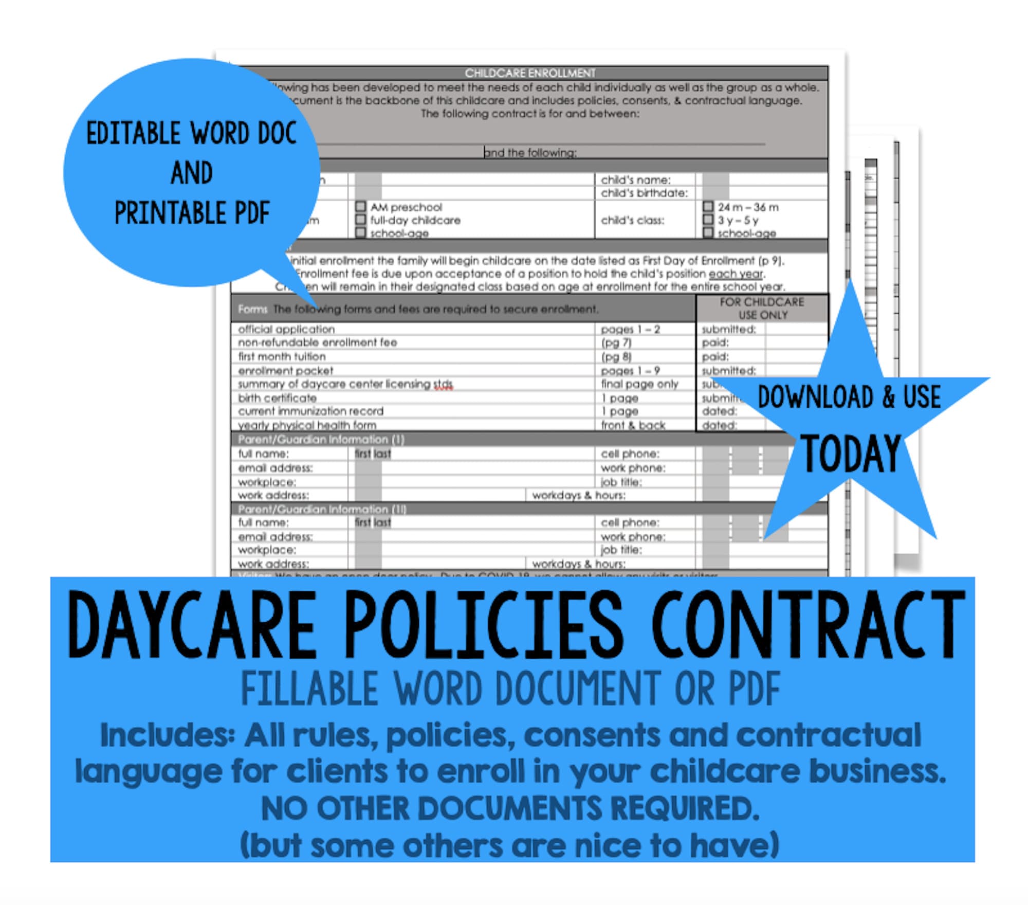 Complete Childcare Enrollment, Policies & Contract Printable - NOW EDITABLE  and FILLABLE  word and pdf  daycare Throughout Home Daycare Tax Worksheet