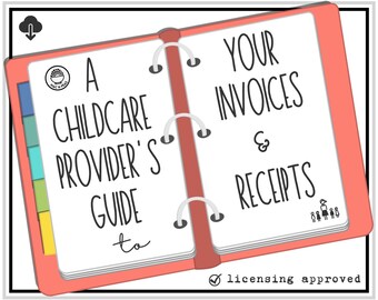 Op de afbeelding: Een roze en witte map met de tekst "A Childcare Provider's Guide to Your Invoices & Receipts" en een vinkje met de tekst "licensing approved".