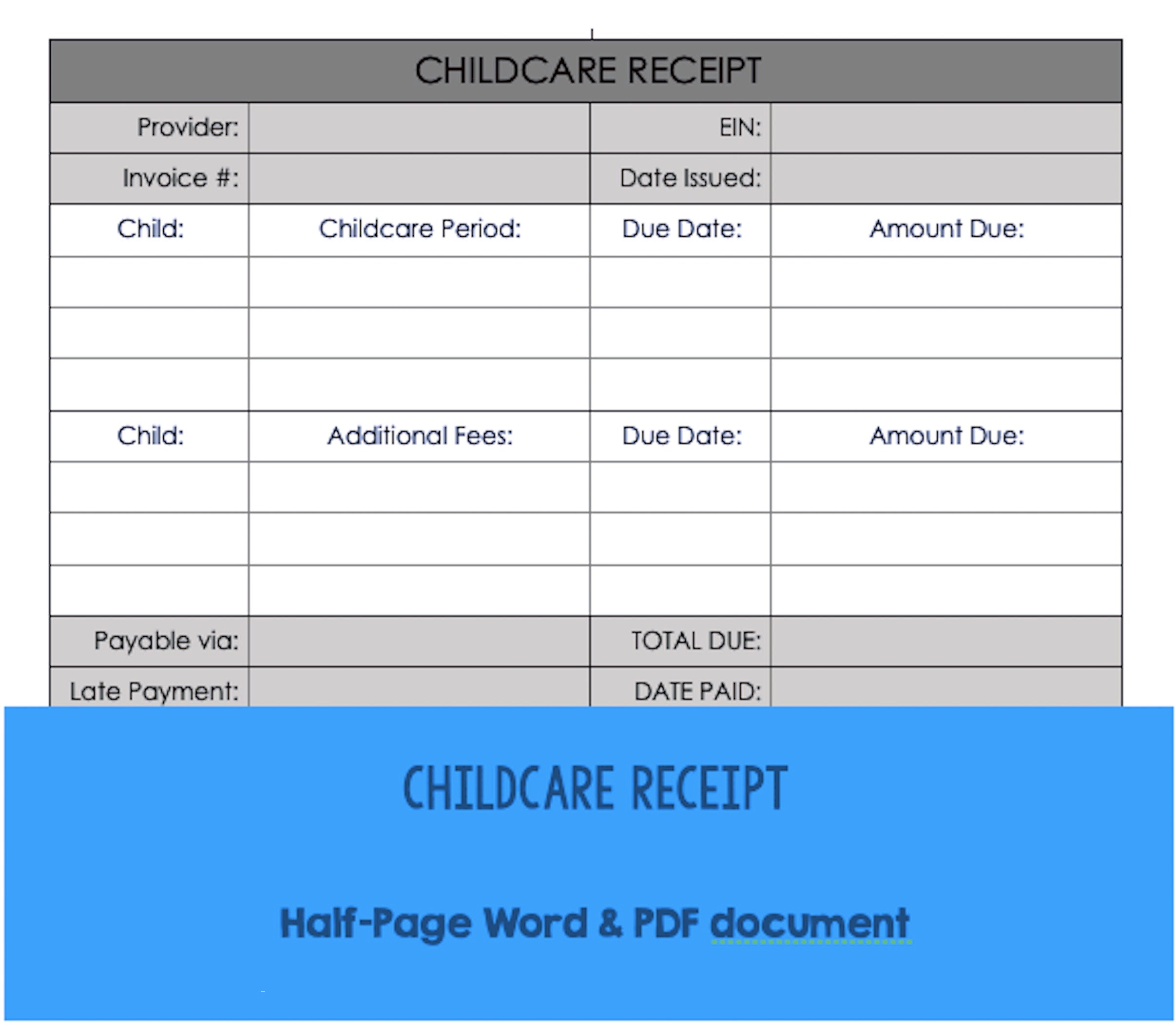 invoice receipt daycare word and pdf printable childcare etsy