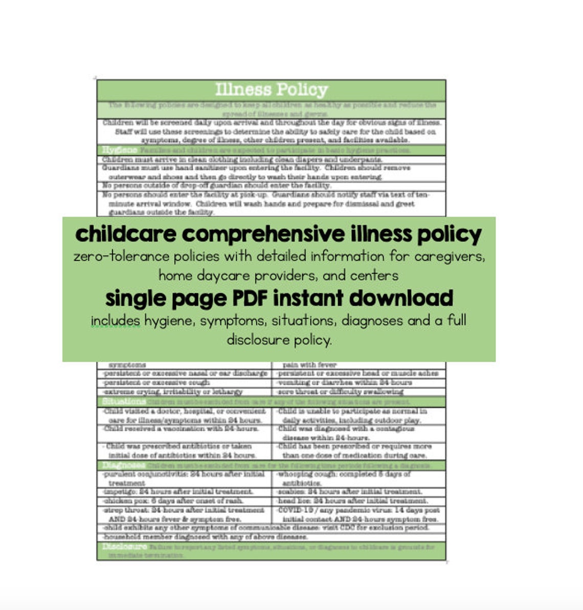 Childcare Illness Policy EDITABLE Daycare Nanny Etsy