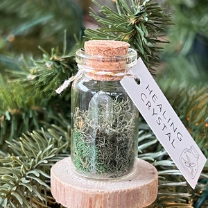 May include: A small glass jar with a cork lid filled with green moss and a clear quartz crystal. A white tag is attached to the jar with the text "HEALING CRYSTAL".