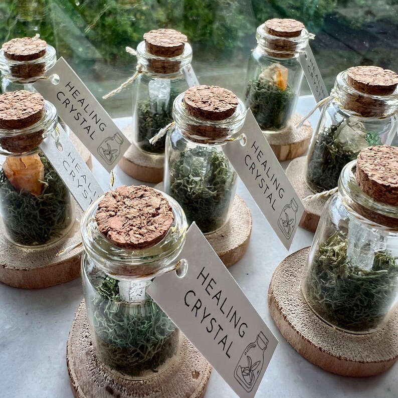 May include: A collection of small glass jars with cork lids, each containing a crystal and green moss. The jars are on small wooden rounds and have a white tag that reads "Healing Crystal".