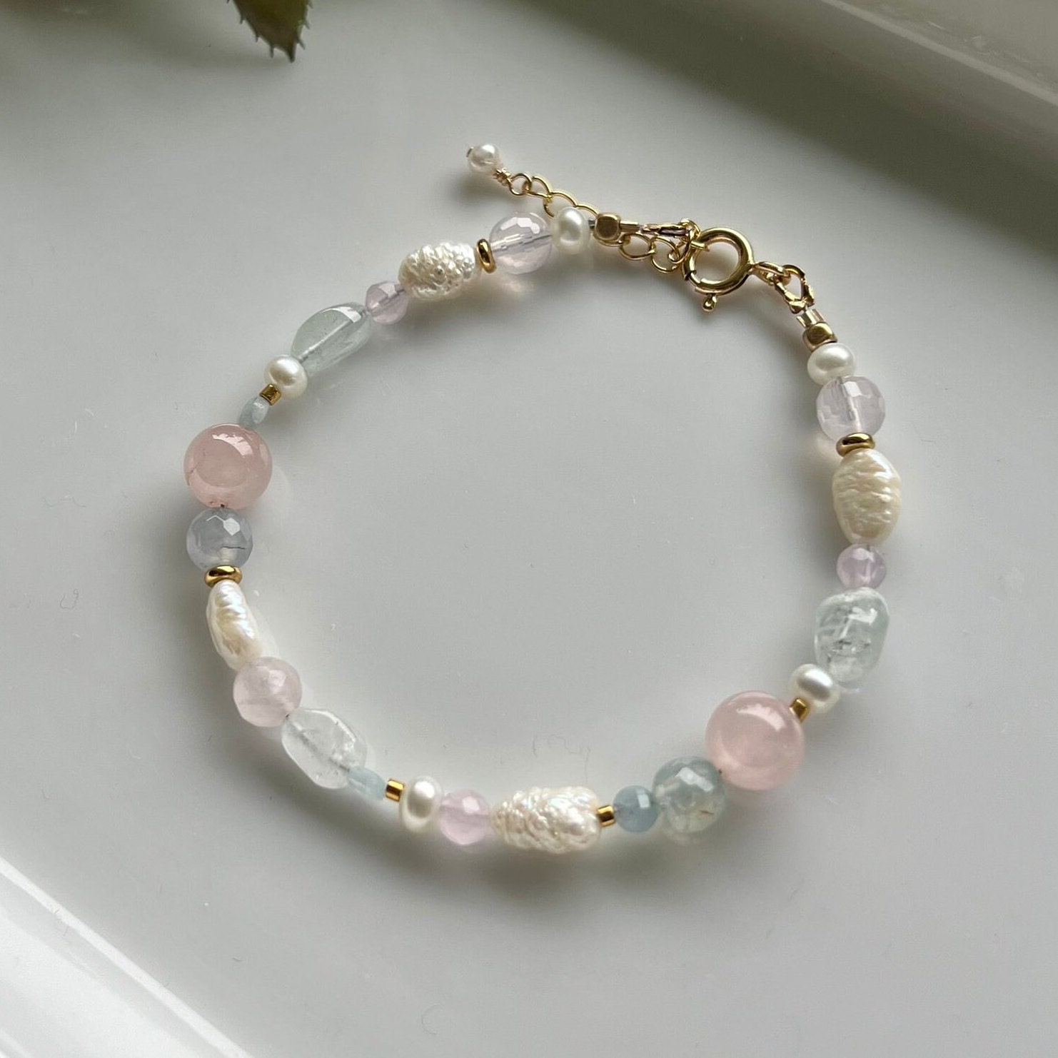 Mixed Gemstone Bracelet / Multi Colored / Pastel Bracelet / Aquamarine /  Rose Quartz / June Birthstone / Pearl and Stone / Pink and Blue - Etsy
