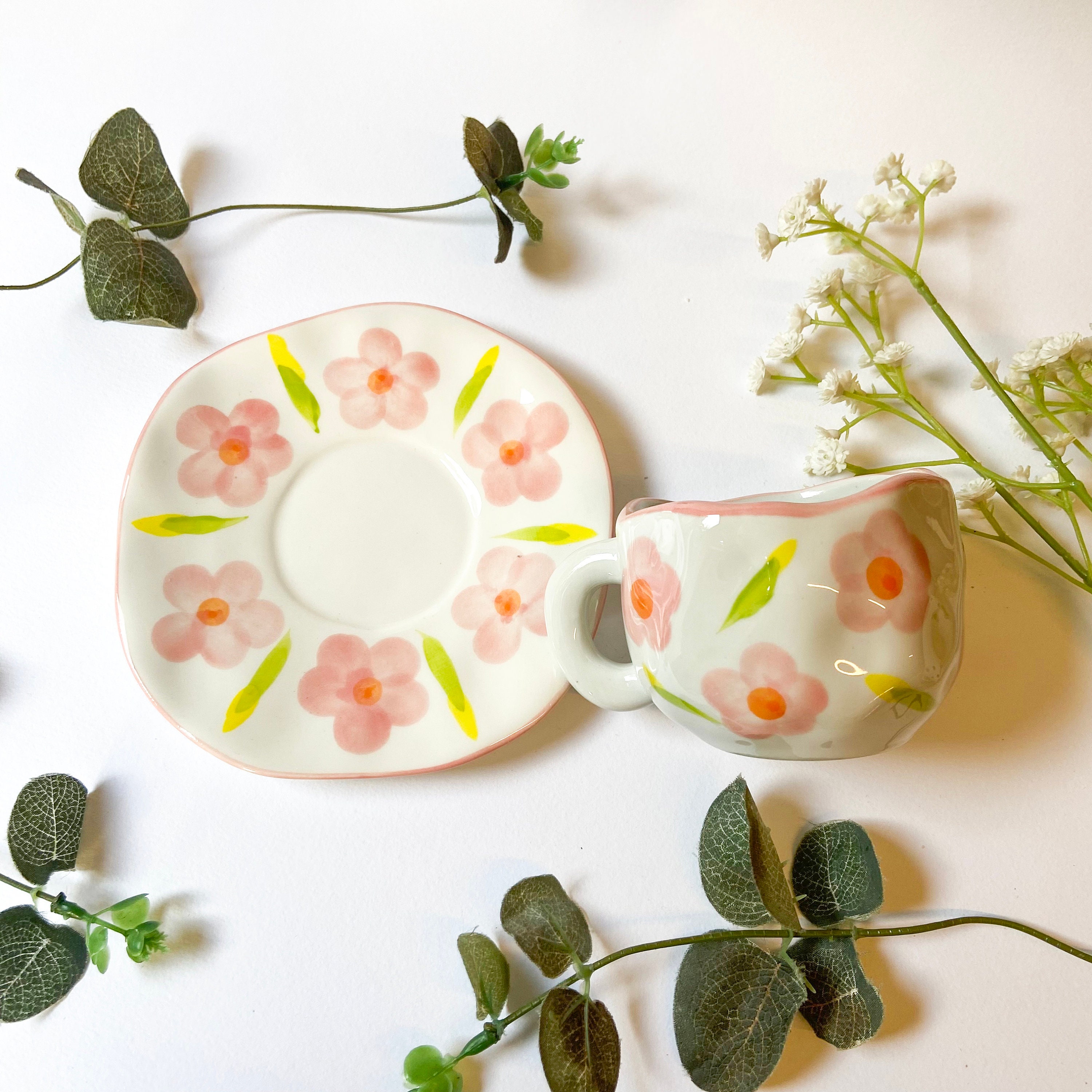 Floral Ceramic Mug and Saucer Cottagecore Mug Set Hand Etsy UK