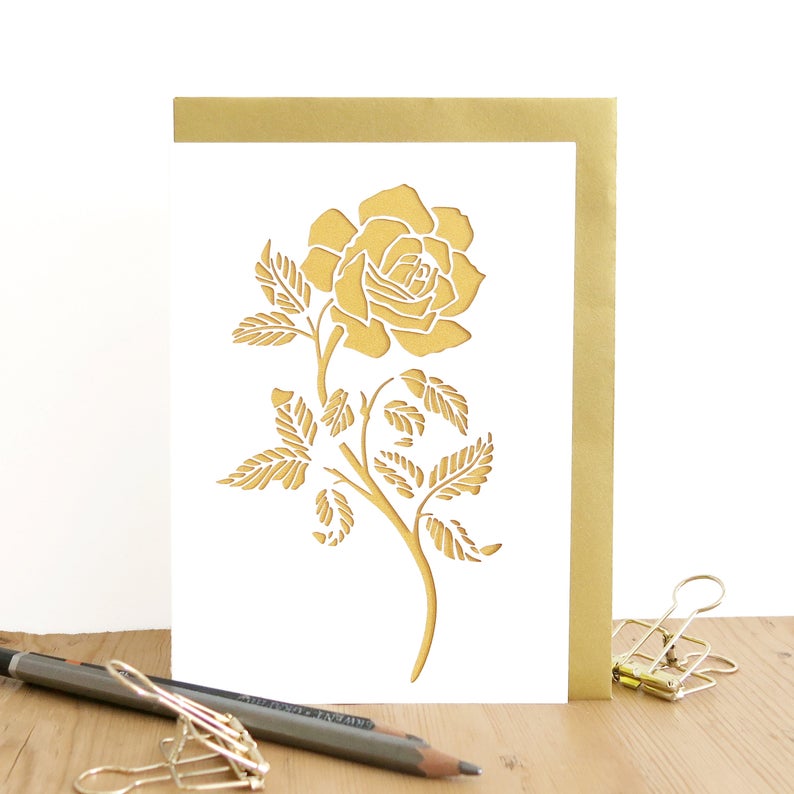 Love you card Rose lover card Wedding anniversary card Card for girlfriend Romantic anniversary card Card for wife Gold rose card