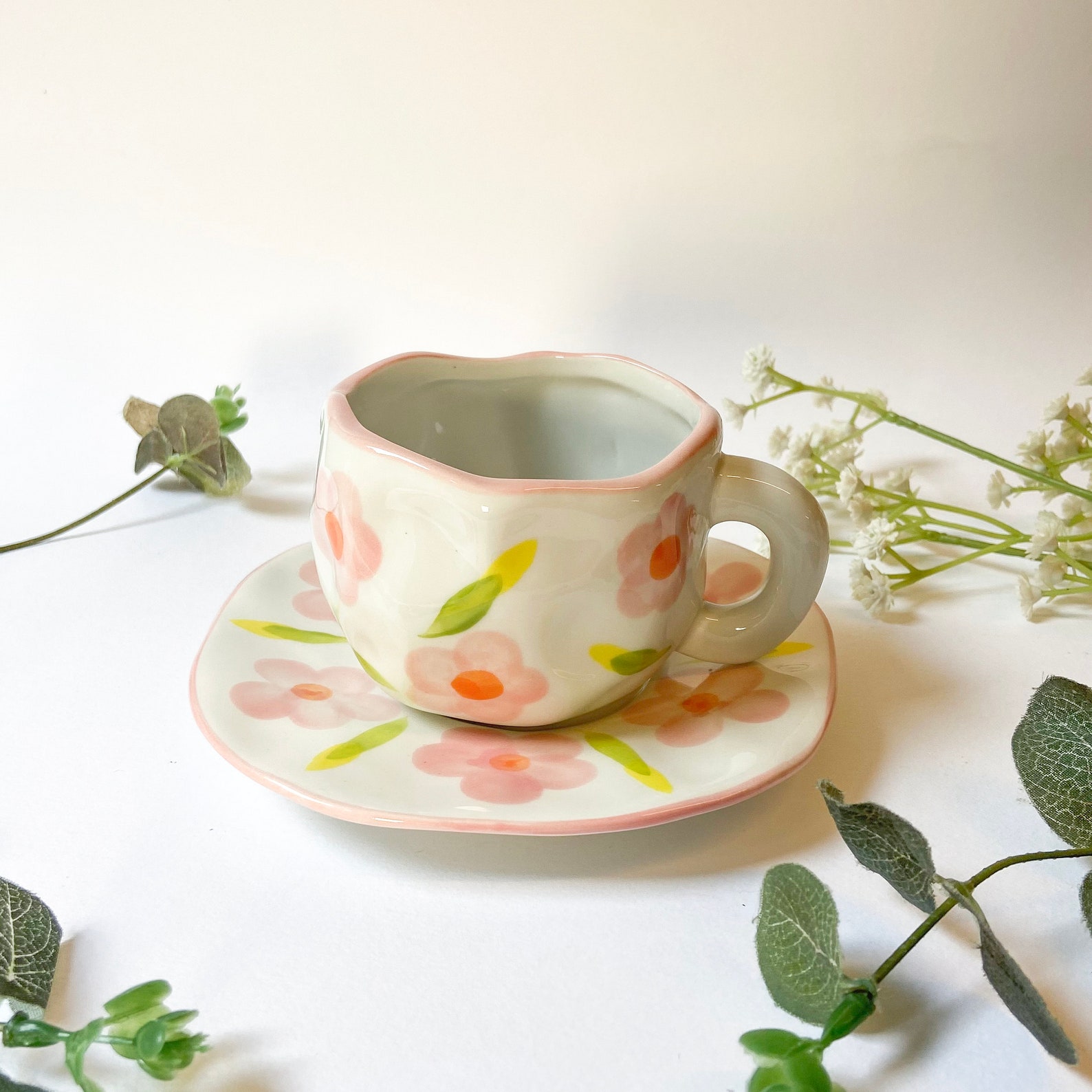 Floral Ceramic Mug and Saucer Cottagecore Mug Set Hand Etsy UK