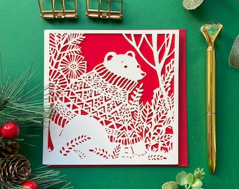 Bear Christmas card, Polar bear card, Merry Christmas card, Cute Christmas card, Handmade holiday card, Polar bear Christmas card