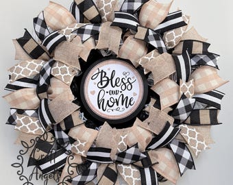 Bless Our Home Wreath, Everyday Wreath, Burlap Farmhouse Door Decor, Welcome Wreath, Religious Christian Decor, Neutral, Housewarming Gift