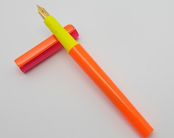 Vintage Platignum School Cartridge Fountain Pen (Made in England) with Vintage Swan Nib - Neon Pink & Orange/Yellow