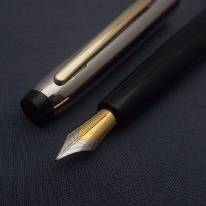 Könnte beinhalten: Zwei Füllfederhalter, einer mit schwarzem Schaft und goldenen Verzierungen, der andere mit silbernem Schaft und goldenen Verzierungen. Der Füllfederhalter mit dem schwarzen Schaft hat die Worte "LAMY SAFARI" auf der Feder eingraviert.