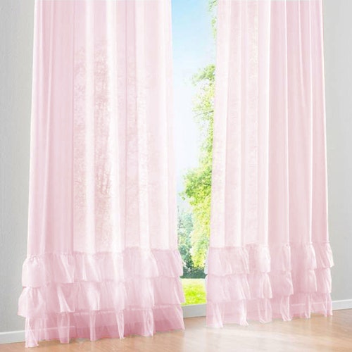 Pink Voile Sheer Shabby French Paris 3 Tiered Layer Ruffle Pink Voile Sheer Shabby French Paris 3, Pink Ruffle Curtains 96