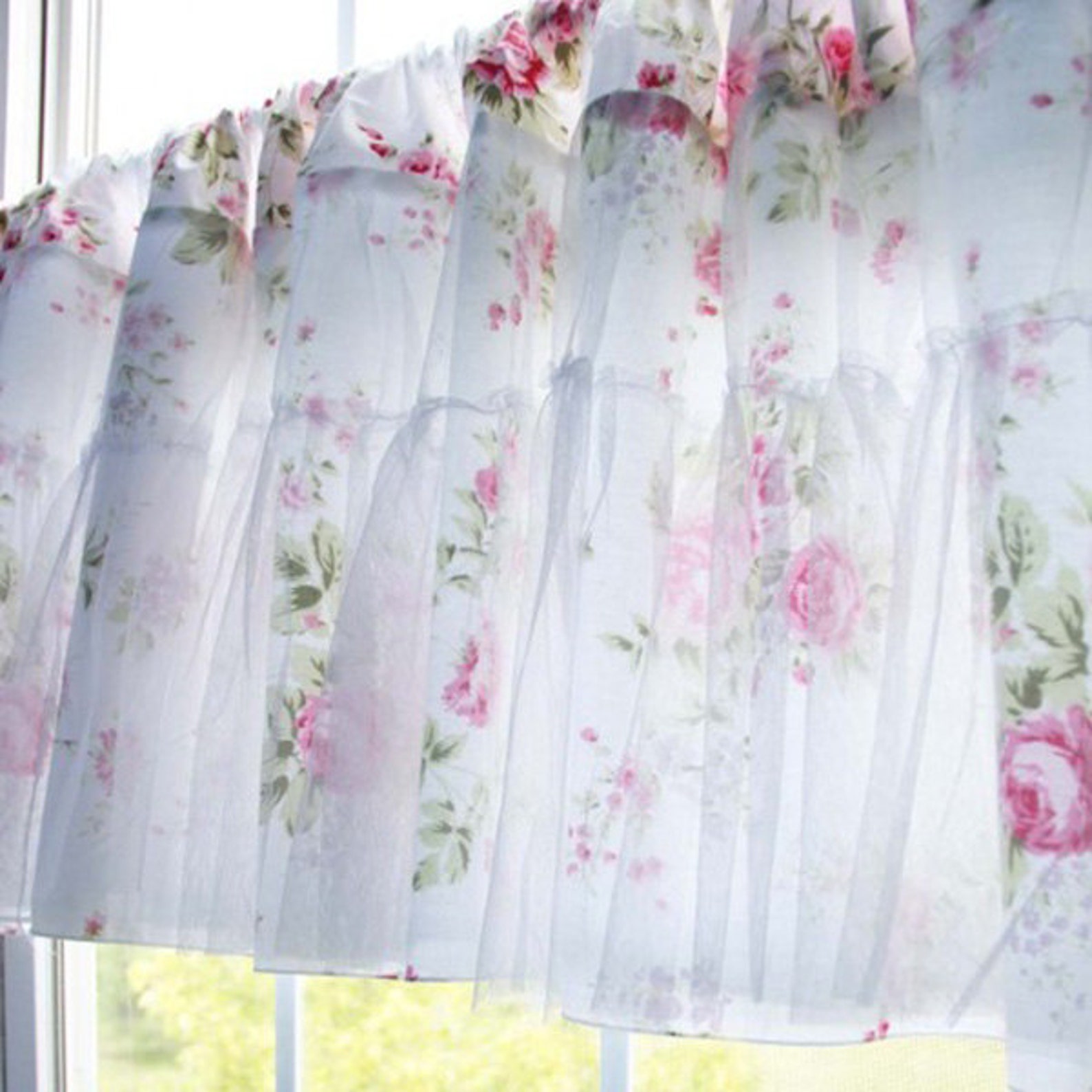 White Rose Ruching Tulle Lace Overlay Ruffle Curtain Shabby Etsy