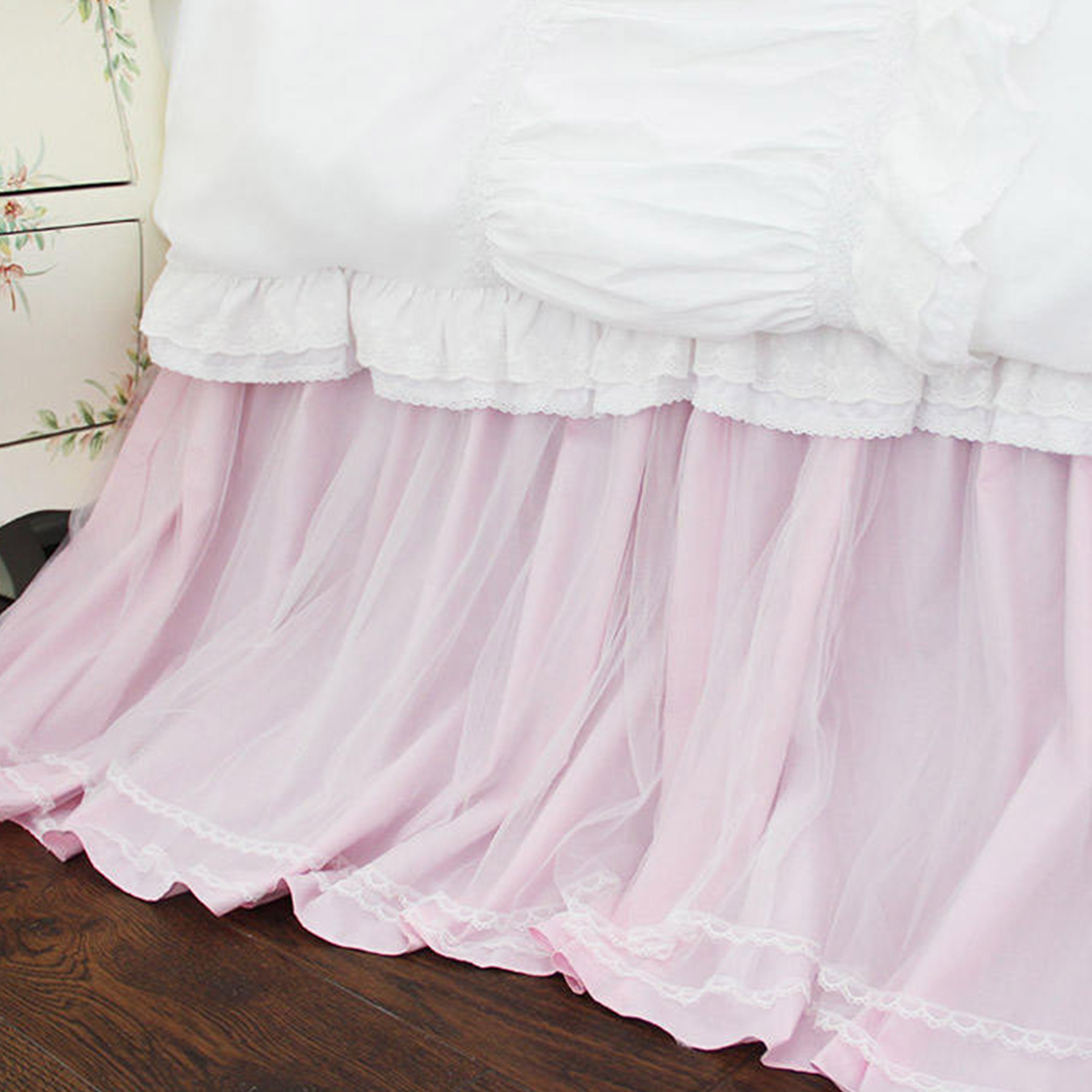 Pink Lace Overlay Sheer Layer Twin Dust Ruffle Bed Skirt/ Etsy