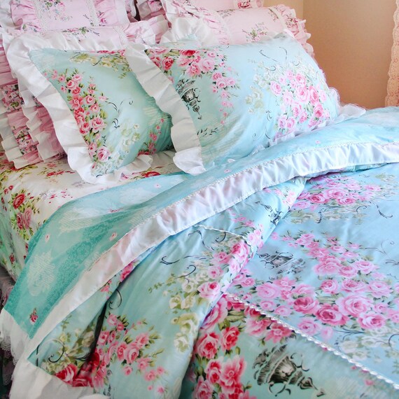 DOUBLE BED FRILLED DUVET COVER SET FLORAL WHITE BLUE PINK LILAC ROSE FLOWERS