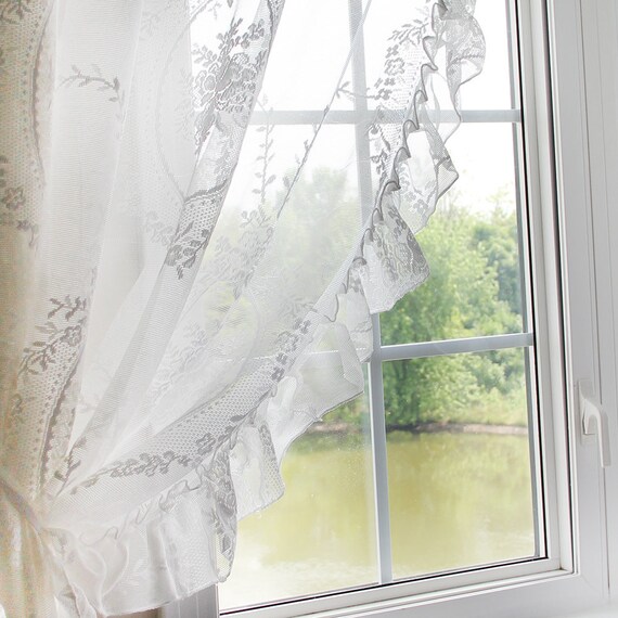 Ivory White Cottage Shabby French Lace Ruffle Victorian Vintage Curtain Panel Ivory White Cottage Shabby French Lace, Ivory Ruffle Curtains