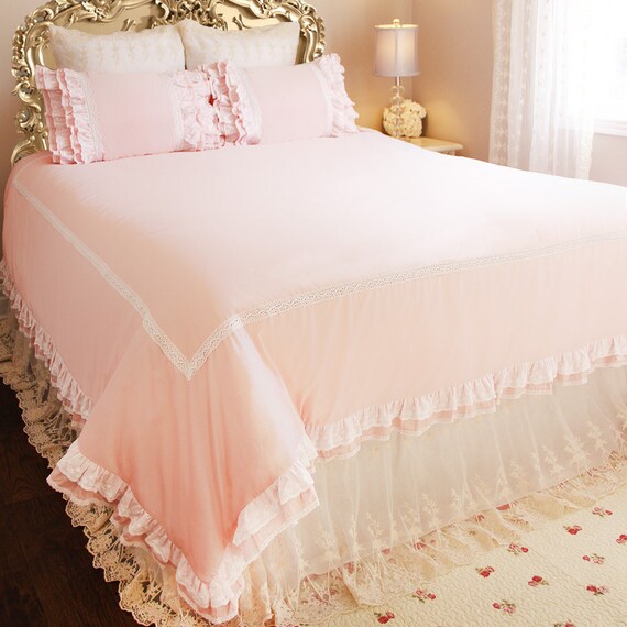 NEW Elegant Blush Pink Crocheted Lace Ruffles 3 PCS Duvet Sham King Queen Set