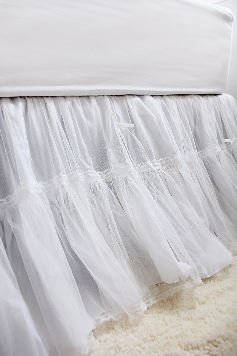 White Lace Ruffle Shabby Bridal Bed Skirt Split Corners Dust Etsy