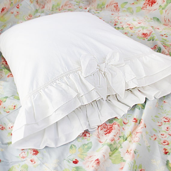 Cotton Double Ruffle Lace Bow Pillow Sham Pillowcase Victorian | Etsy