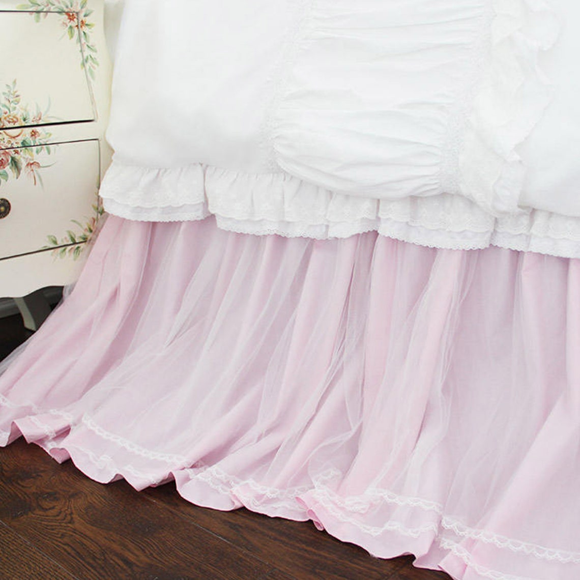 Pink Lace Overlay Sheer Layer Twin Dust Ruffle Bed Skirt/ Etsy