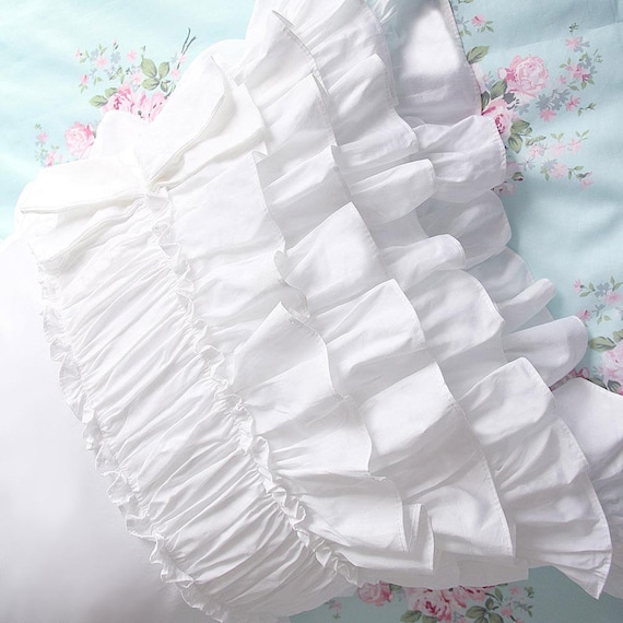 White Cotton Ruched Ruffle Lace Luxury Pillow Sham Pillowcase Etsy