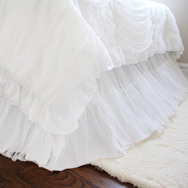White Lace Ruffle Shabby Bridal Bed Skirt Split Corners Dust Etsy