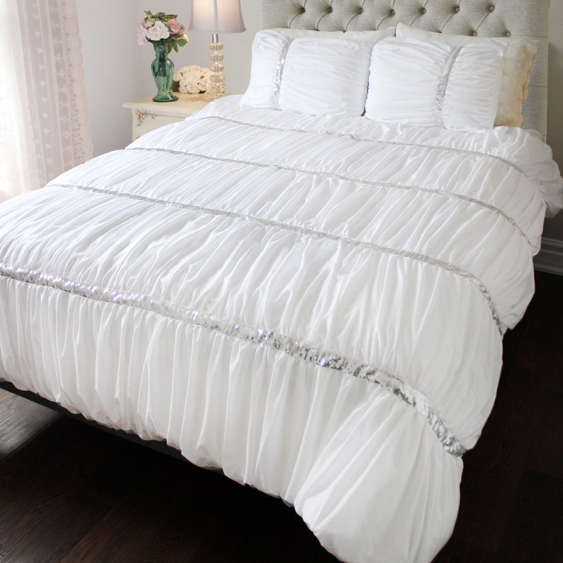 White Silver Sequin Ruched Ruffle Duvet Cover or Pillow Sham Etsy