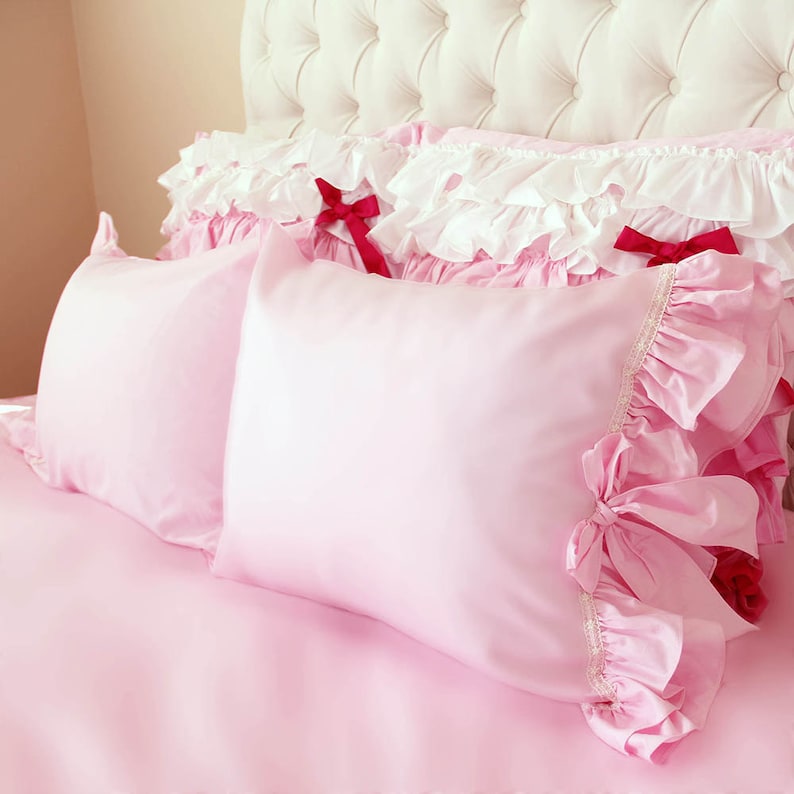 Cotton Double Ruffle Lace Bow Pillow Sham Pillowcase Victorian Etsy