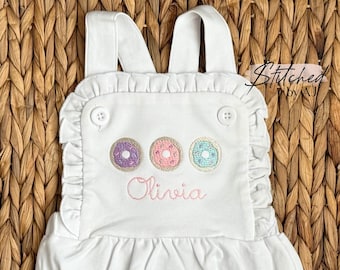 Personalized Donut Trio Ruffle Sunsuit, Embroidered Baby Girls White Ruffle Donut Outfit, Custom Donut Grow Up Birthday Outfit, Monogram