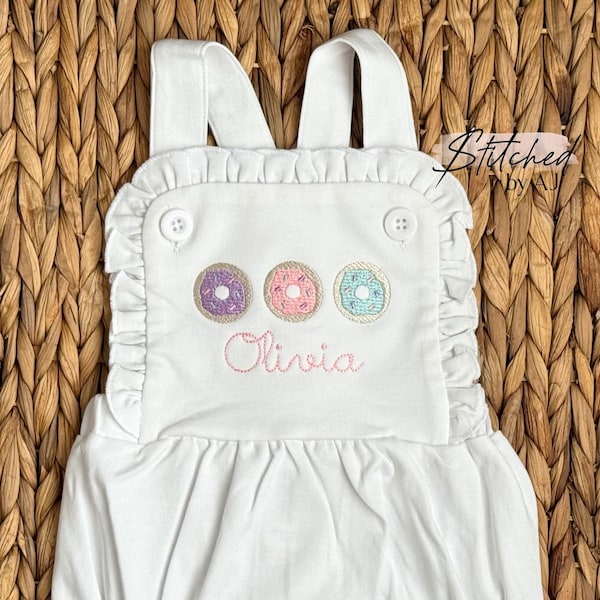 Personalized Donut Trio Ruffle Sunsuit, Embroidered Baby Girls White Ruffle Donut Outfit, Custom Donut Grow Up Birthday Outfit, Monogram