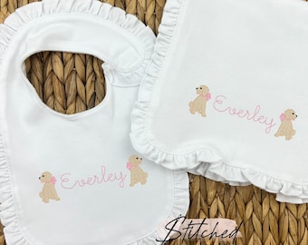 Embroidered Girls Lab Dog Burp Cloth Set, Baby Girl Personalized Baby Shower Gift, Yellow Lab Bib Burp Cloth Set, Baby Girl Monogram Gift
