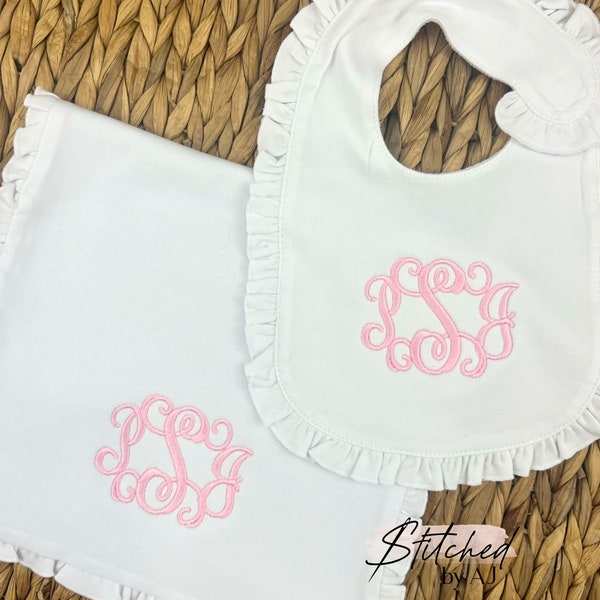 Embroidered Baby Girl Ruffle Burp Cloth Bib Set, Custom Baby Shower Gift, Baby Girl Monogram Set, Monogram Baby Girl, Personalized