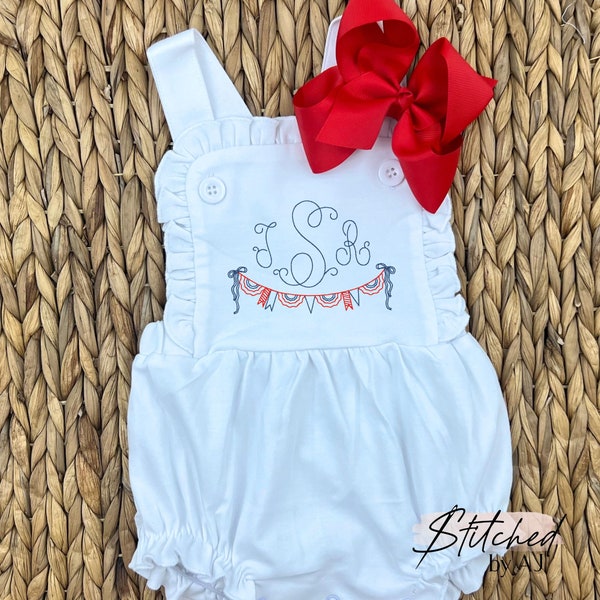 Embroidered Patriotic Monogram Personalized White Ruffle Romper, Girls 4th of July Embroidered Ruffle Sunsuit, First Fourth of July Outfit