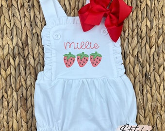 Embroidered Strawberry Personalized White Ruffle Romper, Girls Embroidered Vintage Ruffle Sunsuit, Custom Strawberry Birthday Outfit