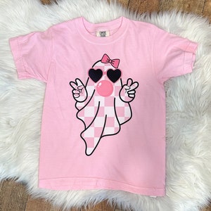 Preppy halloween shirt for girls, checkered ghost shirt for fall, bubble shirt for toddler, halloween bow tee, spooky season shirt for women