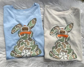 Personalized Easter Shirt for boys, camo bunny shirt for egg hunt, cute rabbit shirt with name for kids, matching Easter shirts for siblings