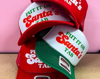 Christmas hat for adults, Put It on Santa’s Tab hat for Christmas Party, Santa’s favorite trucker hat for women, funny secret Santa for moms