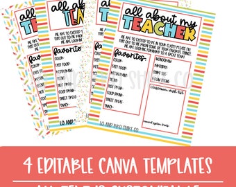 May include: Four printable templates for a "All About My Teacher" activity. The templates are colorful with red, yellow, blue, and green stripes. The text on the templates is black and includes the words "All About My Teacher", "Favorites", "Color", "Fast Food", "Restaurant", "Scent", "Hot Drink", "Cold Drink", "Sweet Treat", "Snack", "Monogram", "Start Day", "Shift Time", "Room Theme", "Classroom Wish List", and "Reward System Draft".