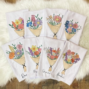 Birth flower bouquet tea towel, personalized  flower hand towel for mom,  kitchen towel for grandma, Mother’s Day gift for mother in law
