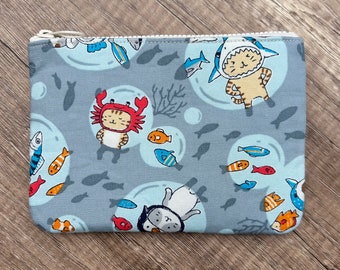 Ocean Cats Coin Purse Handmade Japanese Kawaii Cat Sea Fabric  Zipper Pouch Zippered Change Kids Wallet Bag Passport Phone Case Card Holder