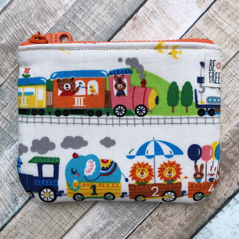 Kid Gift Zippered Kids Change Wallet Card Holder Earbuds Case Coin Purse with Zoo Train Handmade Bunnies Bears Zipper Mini Pouch Bag