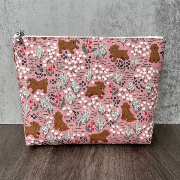 Pretty Dogs Cosmetic Case, Handmade Cute Dog Fabric Zipper Pouch Zippered Makeup Bag Toiletry Travel Clutch Gift for Her, Dog Lover Gift
