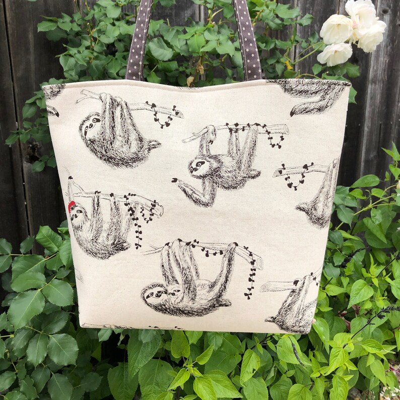 Overnight Travel Carryall Purse Shoulder Project Bag Sloths Wearing Berets Baby Sloths Sloth Tote Bag Handmade Japanese Sloths Fabric