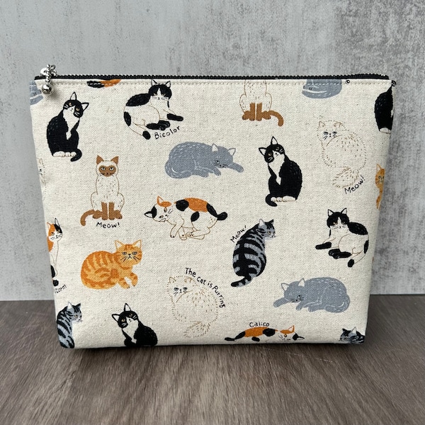 Cat Lover Cosmetic Case, Handmade Japanese Kawaii Purring Cats Fabric Zipper Pouch Zippered Makeup Bag Toiletry Travel Clutch Cat Lover Gift