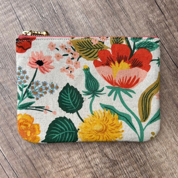 Botanical Floral Coin Purse, Handmade Rifle Paper Co Flower Fabric Zipper Pouch, Zippered Wallet Earbuds AirPod Case, Card Holder Change Bag